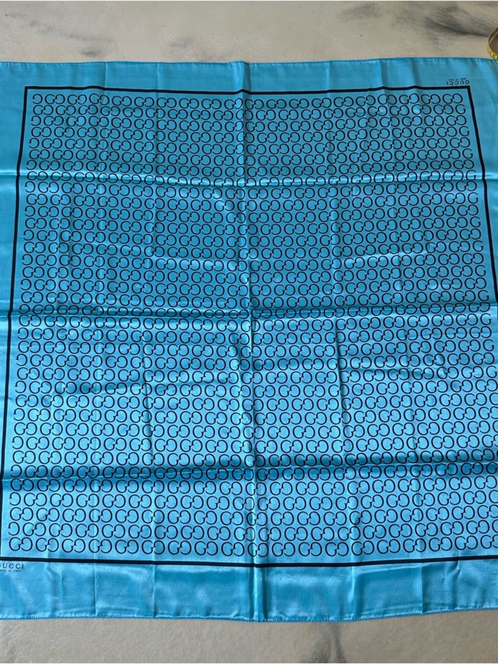 Designer Inspired Monogram Blue Satin Scarf | Euro Summer Coastal Chic Wrap - Picture 5 of 5